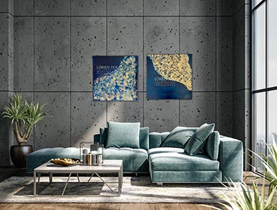image of Lorien Eck painting, Blue Gold Basic Goodness 1 and Blue Gold Basic 2 on a wall above a sofa